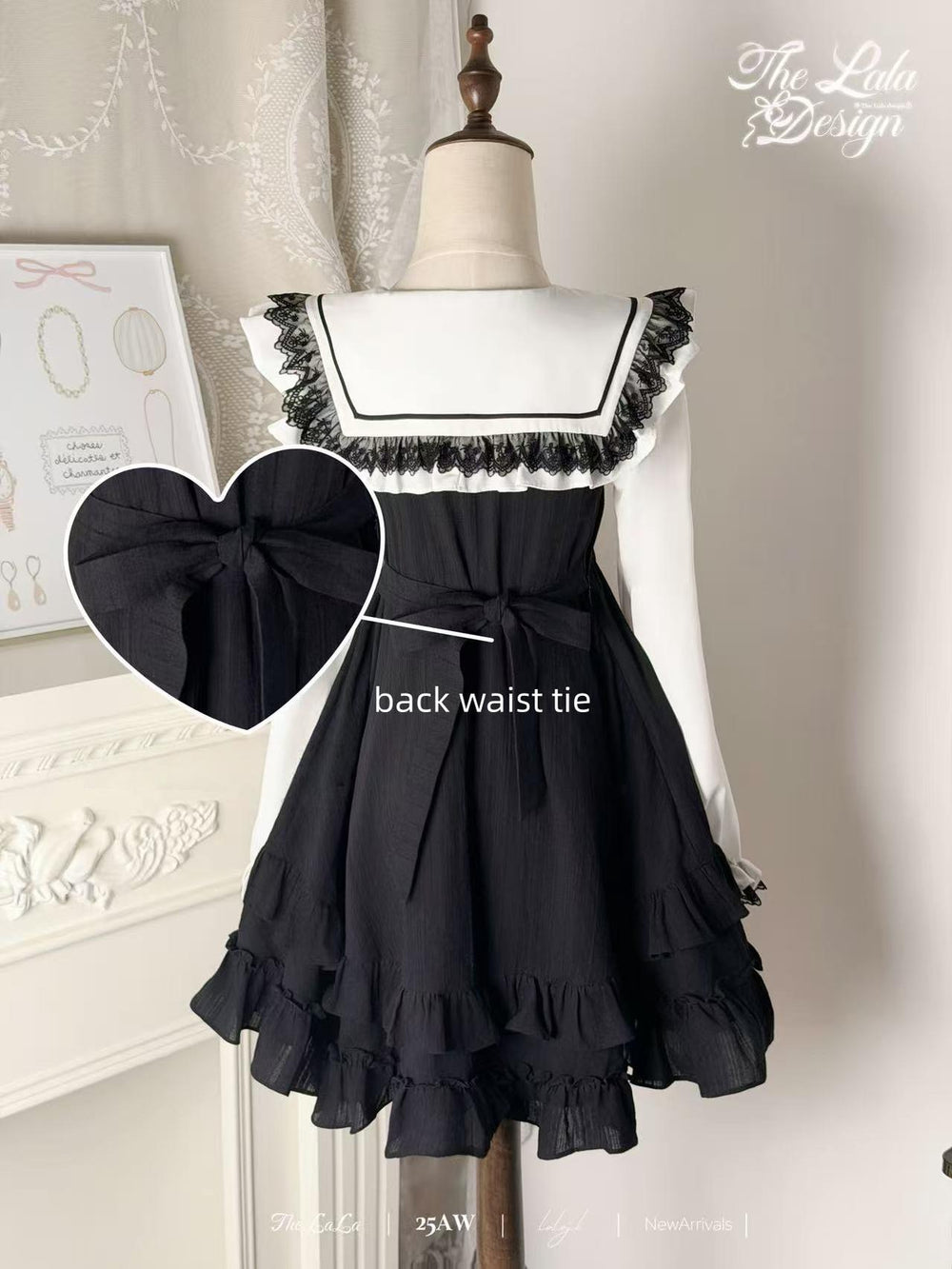 Doll-like Sailor Collar Dress, Back Waist Tie 44325:805860