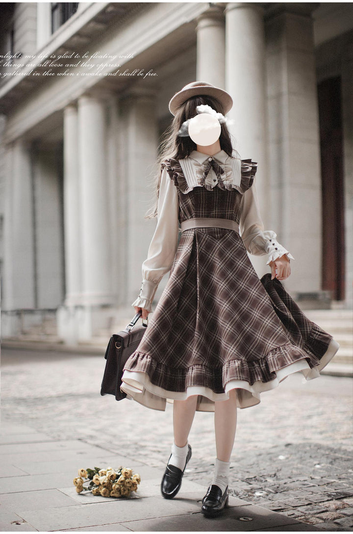 Retro Lolita OP Dress And Brown Lolita Coat Plaid Dress 41080:686006