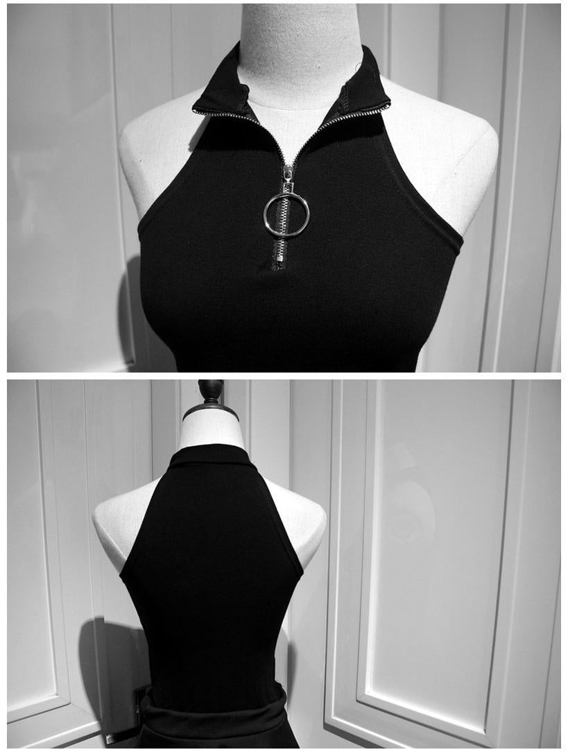 Gothic Style Crop Top High Neck Zipper Sleeveless Shirt 37474:560752