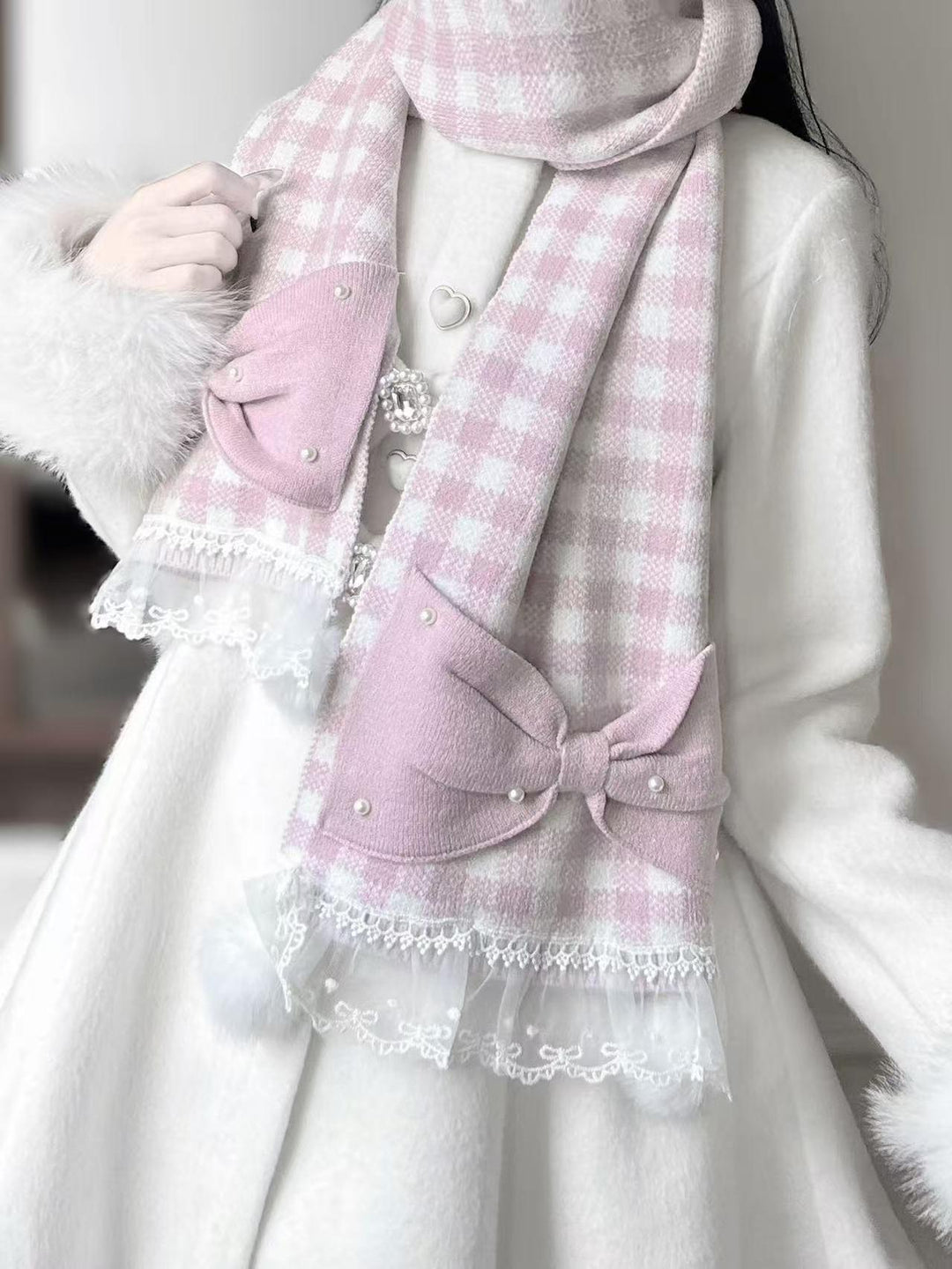 Ryousangata Scarf Plaid Pearl Bow Lace Scarf With Pom Poms 41674:711538