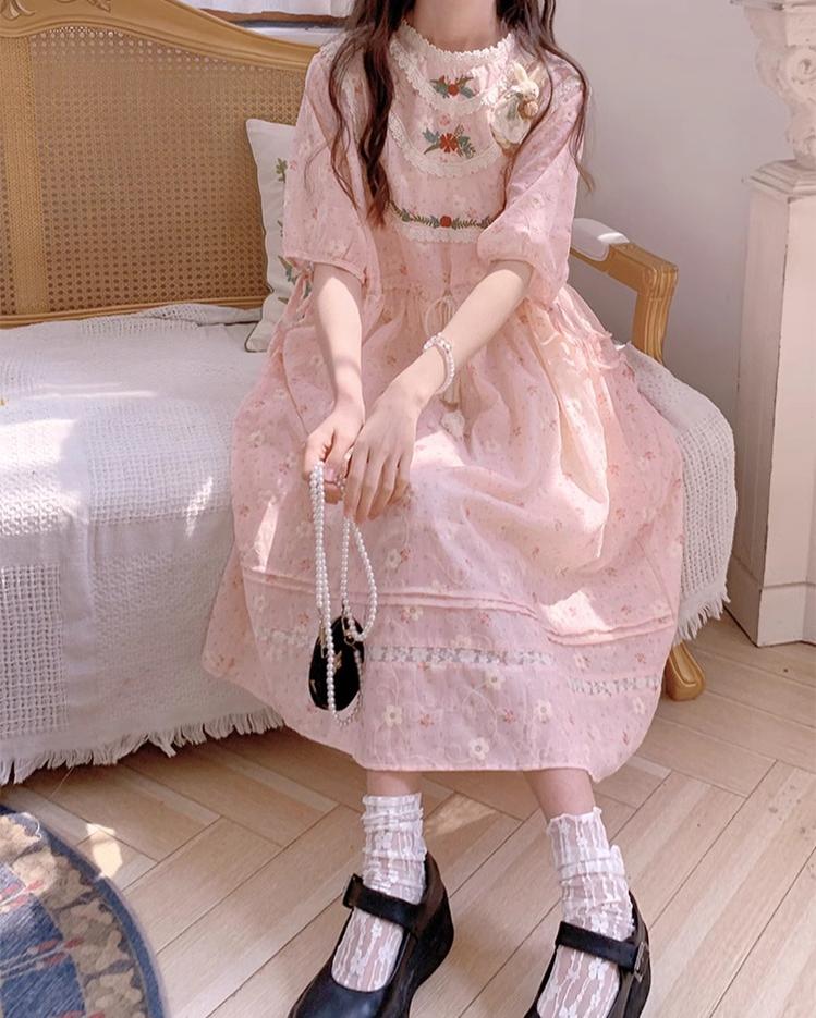Mori Kei Dress Pink Floral Dress Short Sleeve Dress 36208:523662
