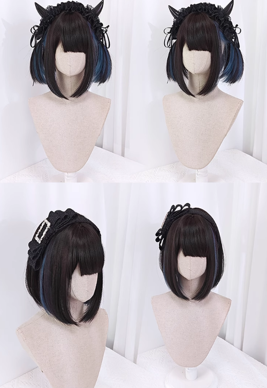 Jirai Kei Wig E-Butterfly Girl Blue Dark Brown Short Hair Wig 22044:367148 22044:367148