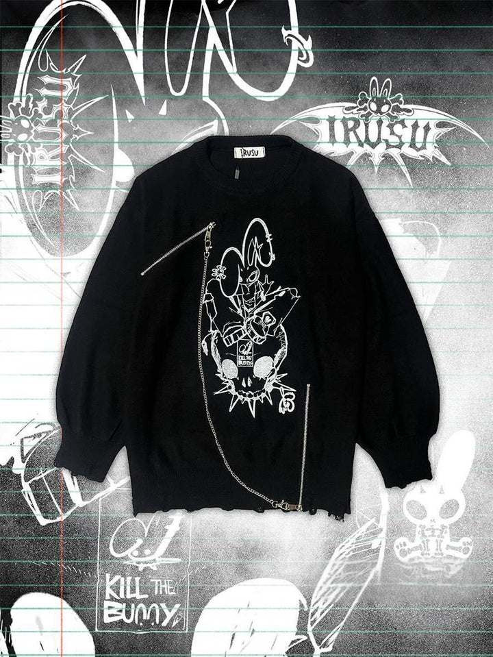 Punk Sweater Black White Rabbit Ripped Sweatershirt Knit Top 41158:696854