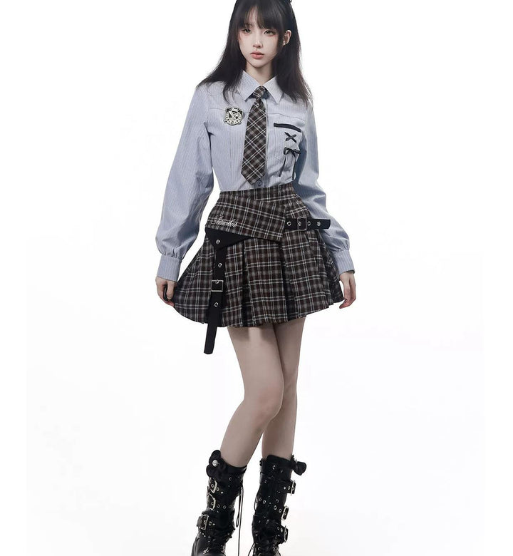 Preppy Reversible Plaid Jacket Set, Striped Blouse 45874:868462