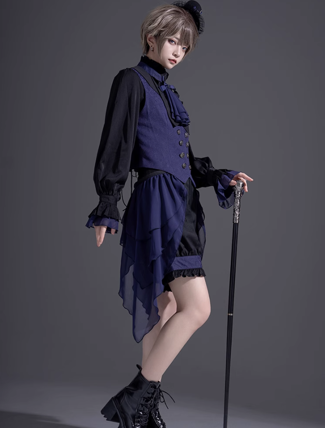 Ouji Lolita Prince Outfit Navy Blue Lolita Blouse Skirt Set 39360:633340