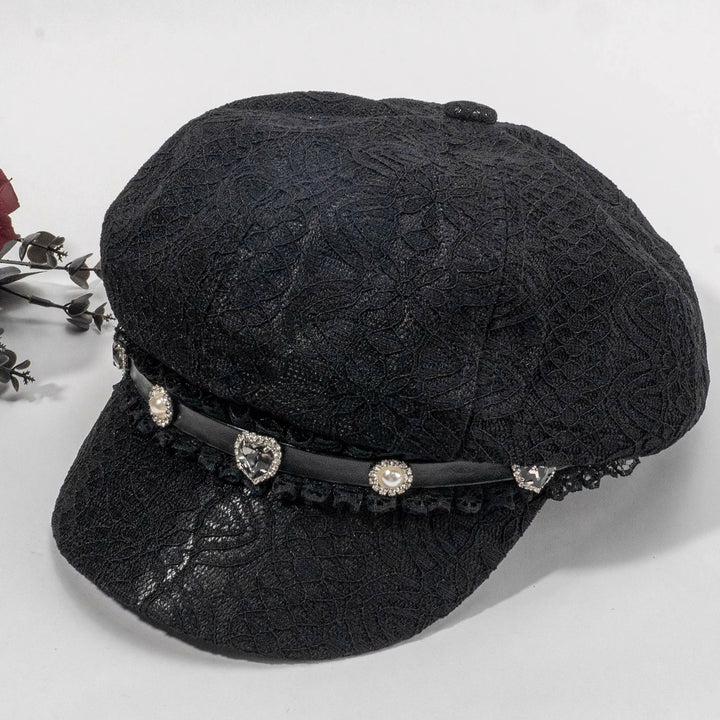 Jirai Kei Black Octagonal Hat with Rhinestone Lace 21572:311800