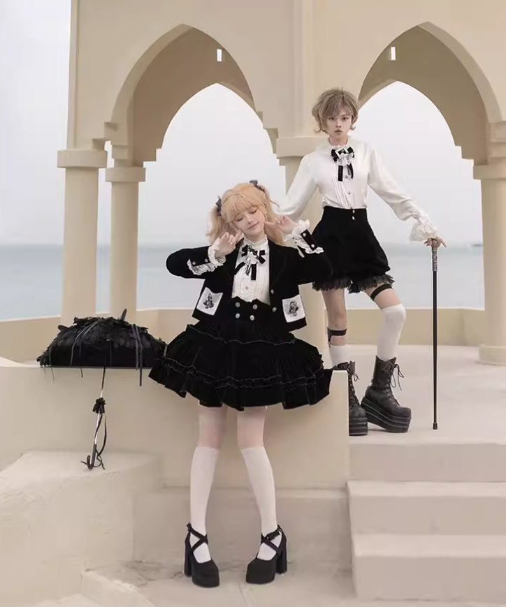 Ouji Lolita Prince Outfit Set Black Skirt Velvet Shorts Set 39368:631986