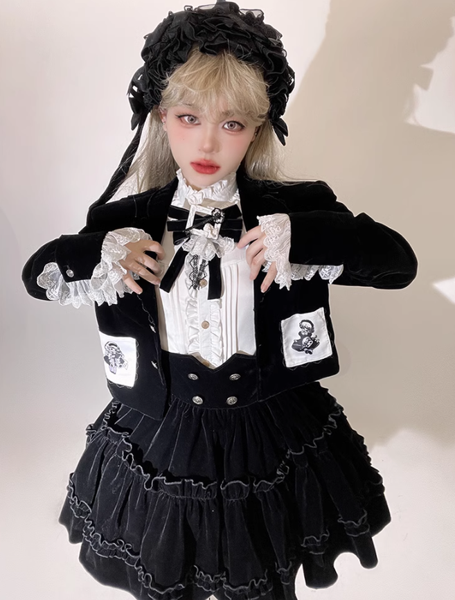 Ouji Lolita Prince Outfit Set Black Skirt Velvet Shorts Set 39368:632036