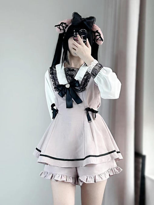 Jirai Kei Dress Set Shirt Collar Lace Dress And Shorts (L M S) 34378:464210