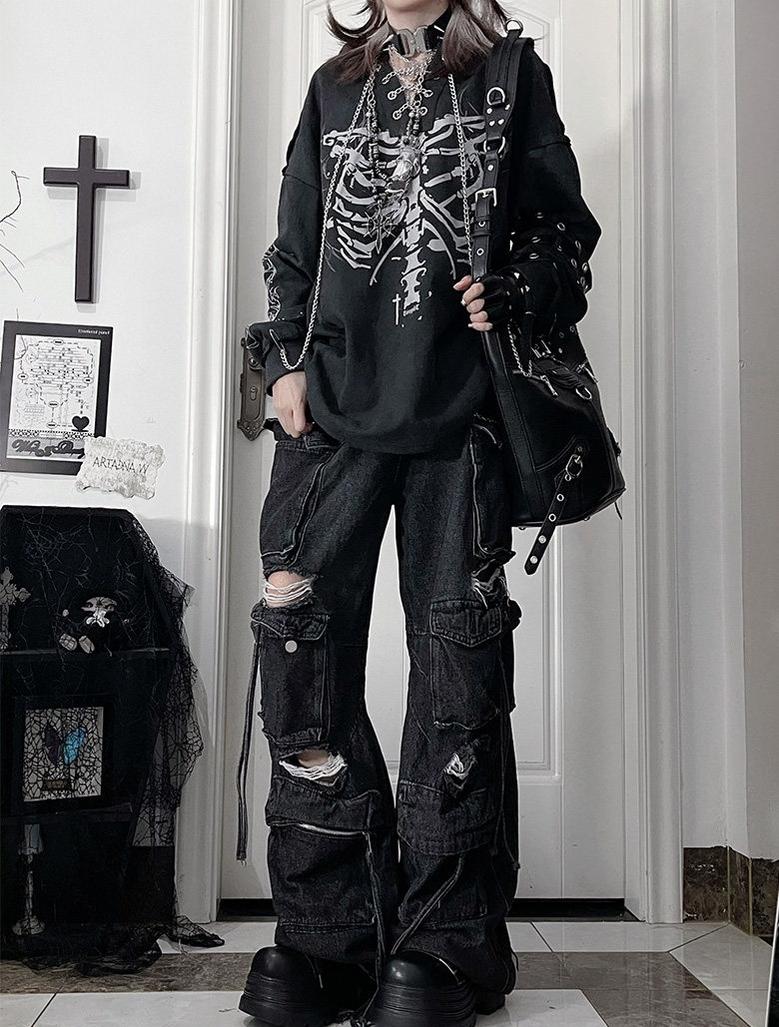 Ribcage Printed Subculture Hoodie, Ear-Accent Hood 44564:815271