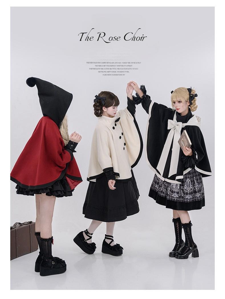 Elegant Lolita Winter Coat Black and White Camellia Cape 40284:658398