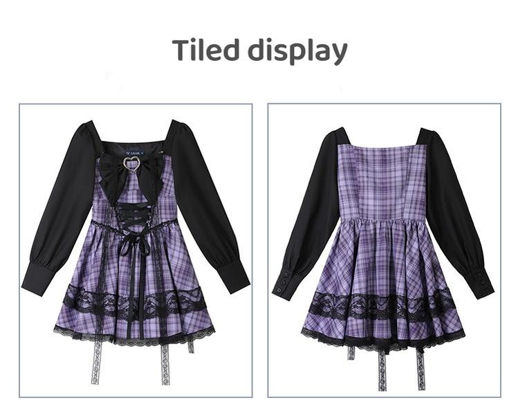 Jirai Kei Dress Puff Sleeves Purple Dress Heart Buckle Dress 36418:570270
