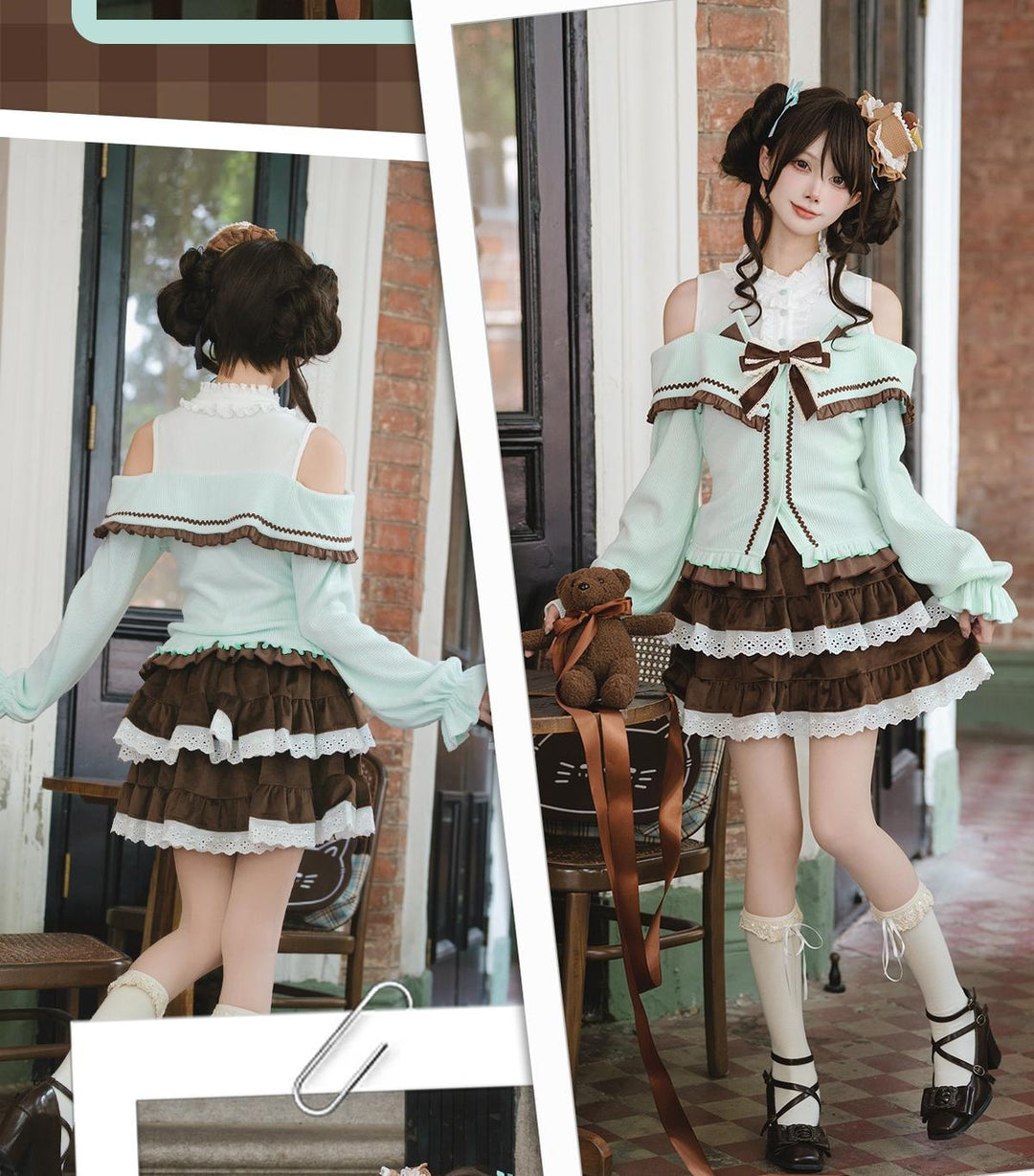 Sweet Open-shoulder Sweater, Vintage Skirt 44077:795889