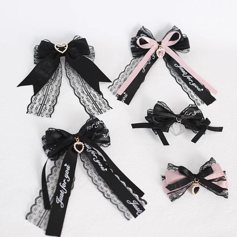 Jirai Kei Black Pink Hair Pin Lace Ribbon Hair Clip 22536:322356