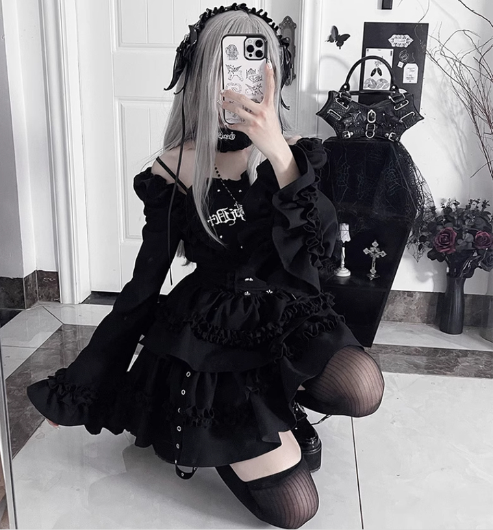 Subculture Off-Shoulder Dress, Tiered Ruffles 43873:789413