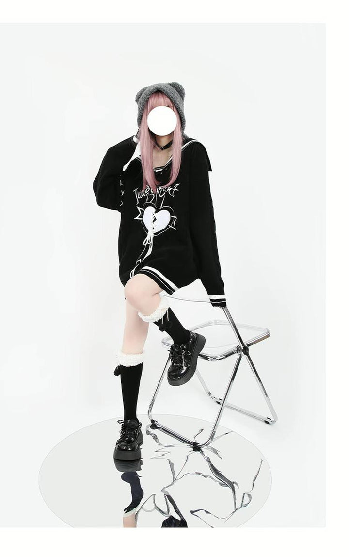 Jirai Kei Sweater Sailor Collar Black Lace-up Sweater 22758:326802