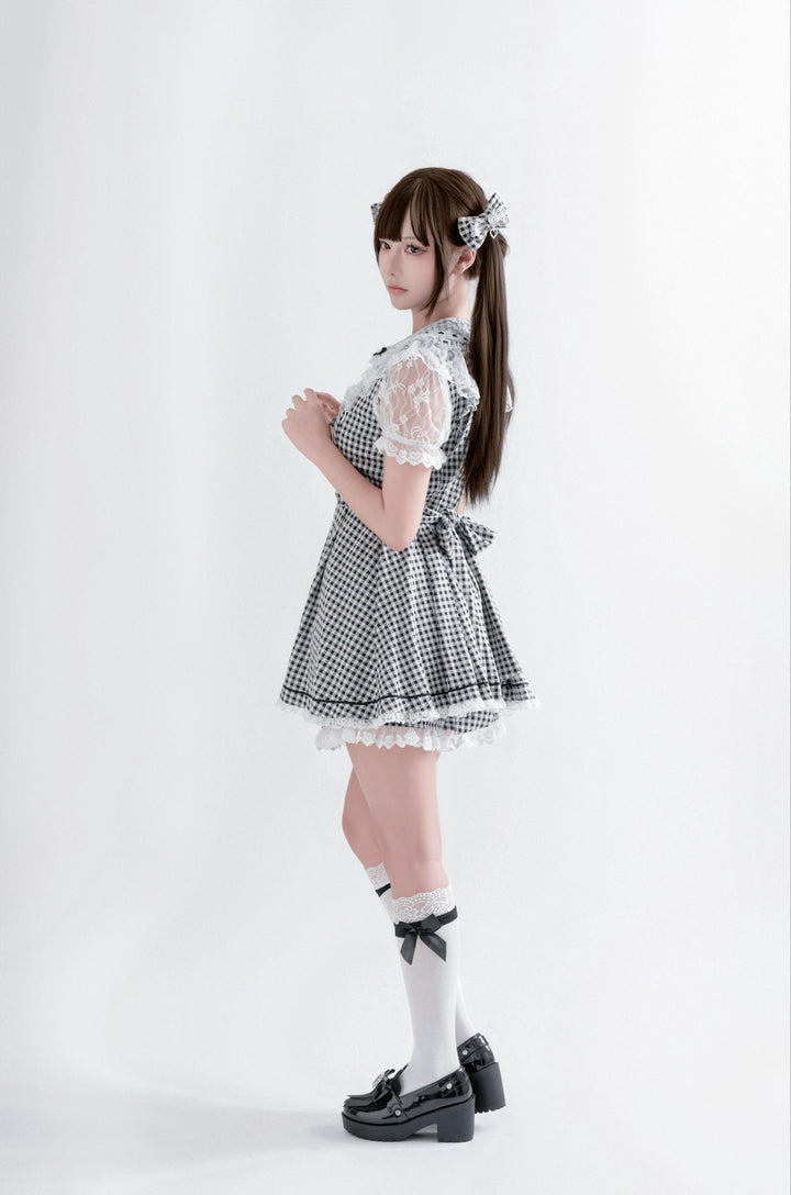 Jirai Kei Plaid Dress Set, Rhinestone Collar Bow 45008:837293