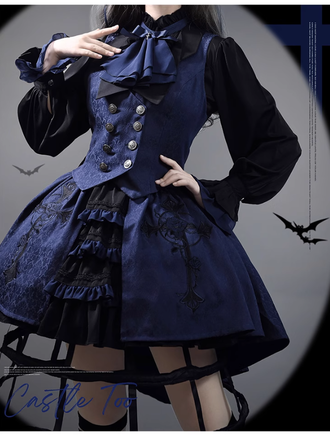 Ouji Lolita Prince Outfit Navy Blue Lolita Blouse Skirt Set 39360:633324