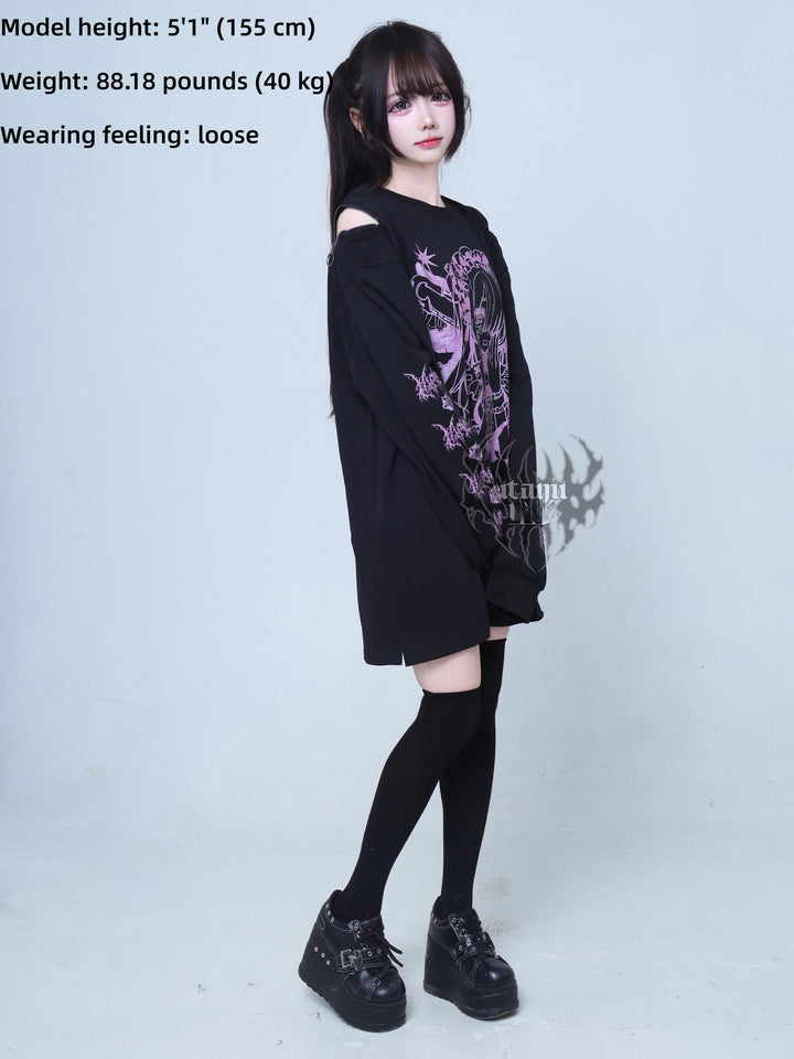 Gothic Long Sleeve Tee, Anime Print and Zipper Shoulder 44521:812673