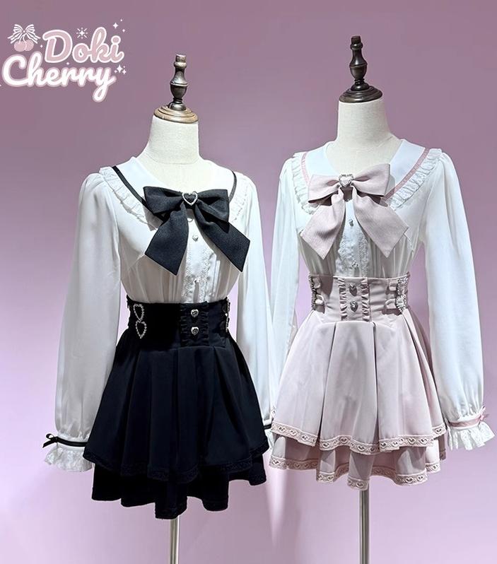 Jirai Kei Outfit A-Line Skirt and Long-Sleeved Blouse with Rhinestone Bow 42520:744285