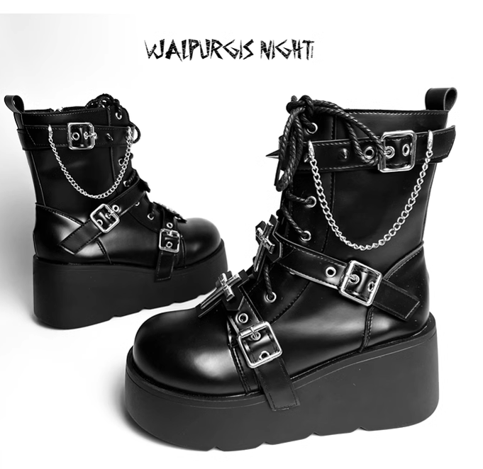 Punk Black Platform Shoes Cross And Rivet Martin Boots 32082:447226 32082:447226