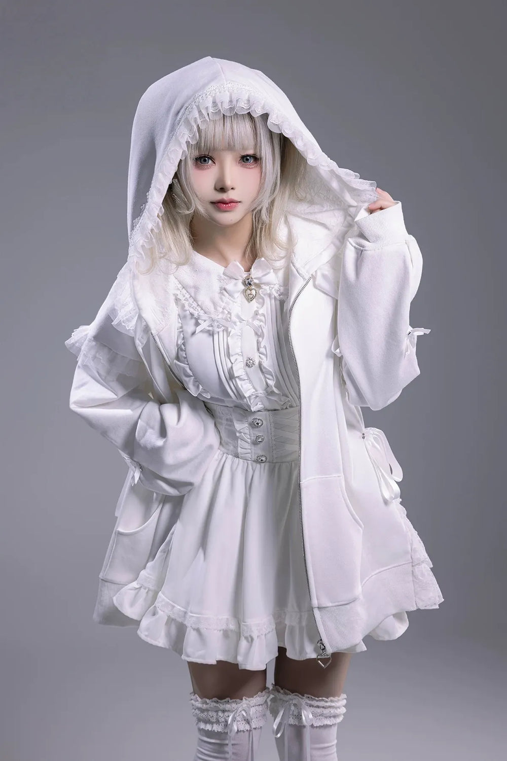 Lace-Trim Hoodie Coat, Side Pocket (L M) 45227:842326