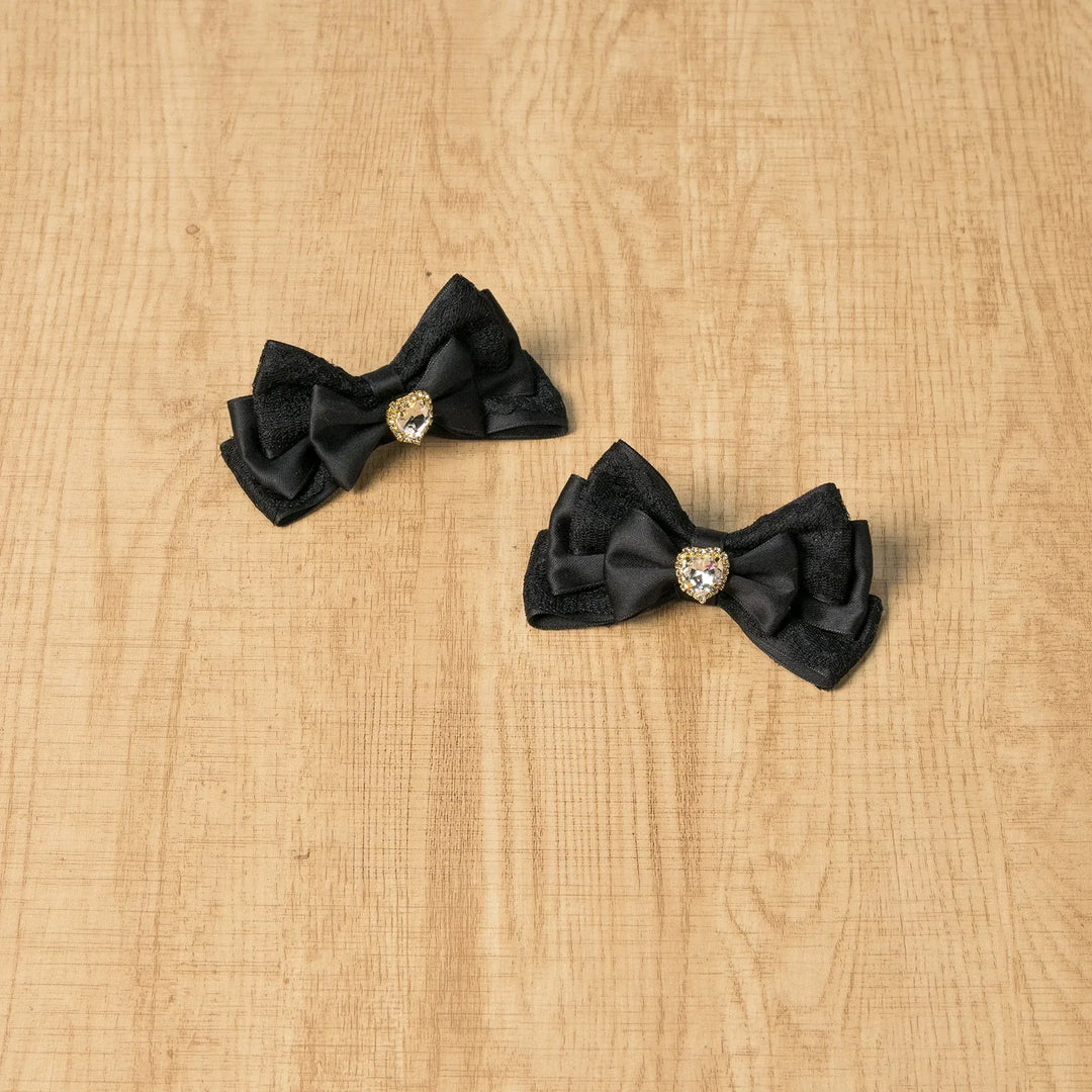 Jirai Kei Four-layer Bow Hair Clips, Heart Rhinestone 45777:862017