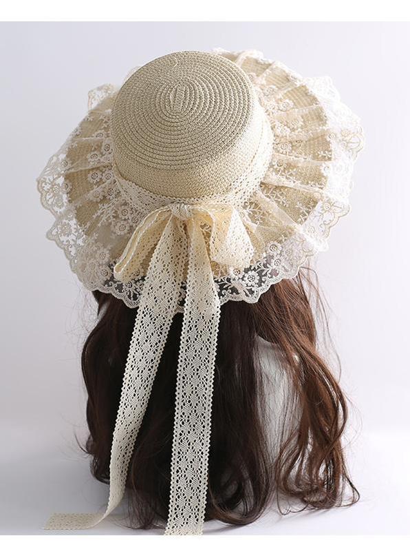 Mori Kei Sunhat Country Lolita Lace Frill Straw Hat With Ribbon Bow 42248:735444