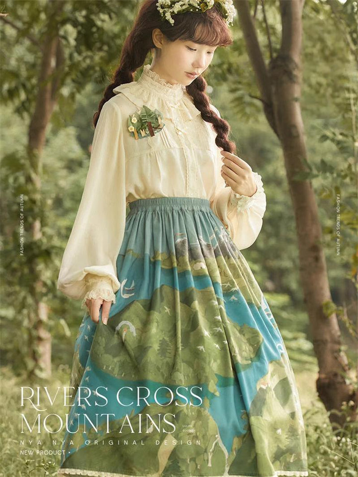 Lolita Dress Rivers Cross Mountains Print Lolita Dress Set 39412:627198