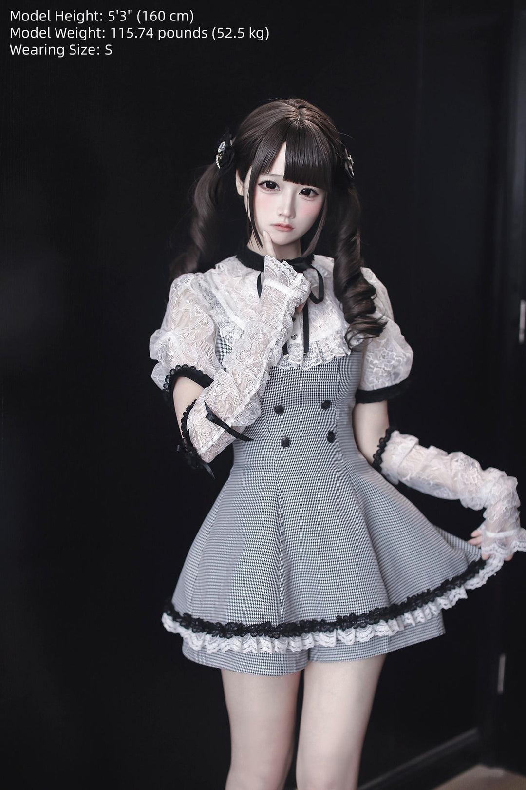 Jirai Kei Houndstooth Pattern Dress, Lace & Detachable Sleeves 44922:828305