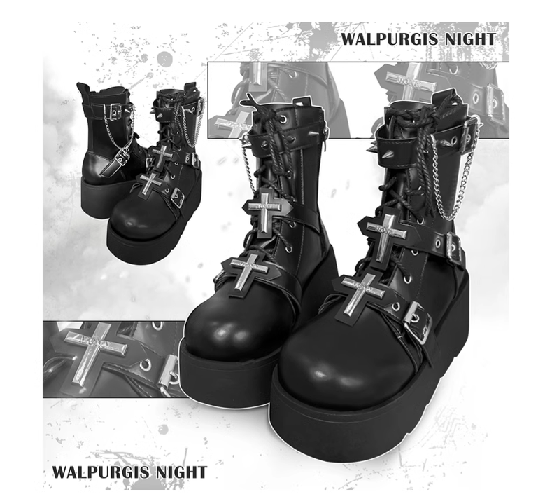 Punk Black Platform Shoes Cross And Rivet Martin Boots 32082:447224 32082:447224