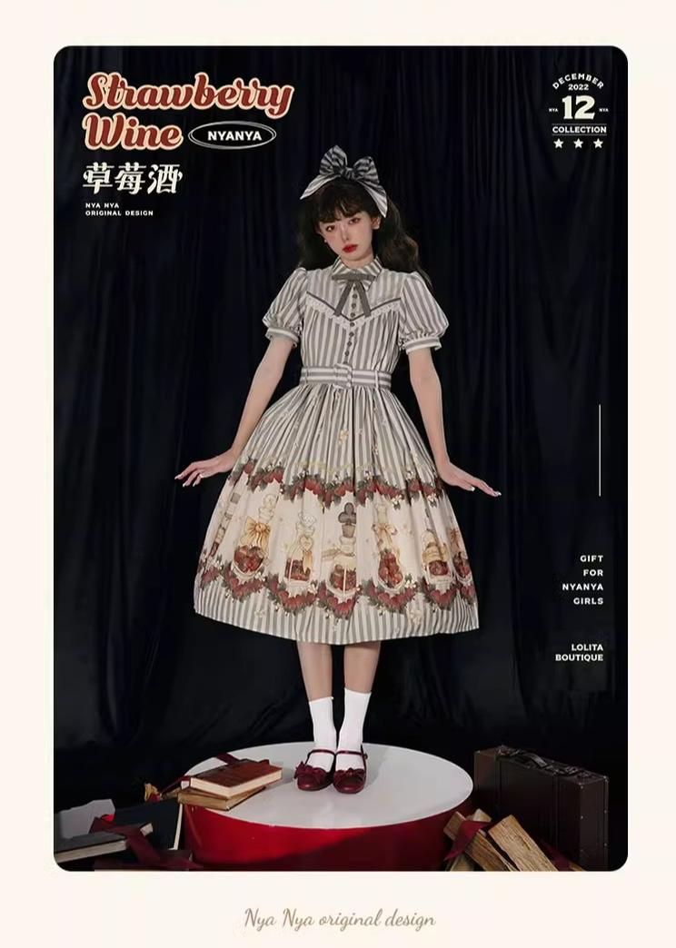 Retro Lolita Dress Strawberry Print Short Sleeve OP Embroidery Shirt 37248:569482