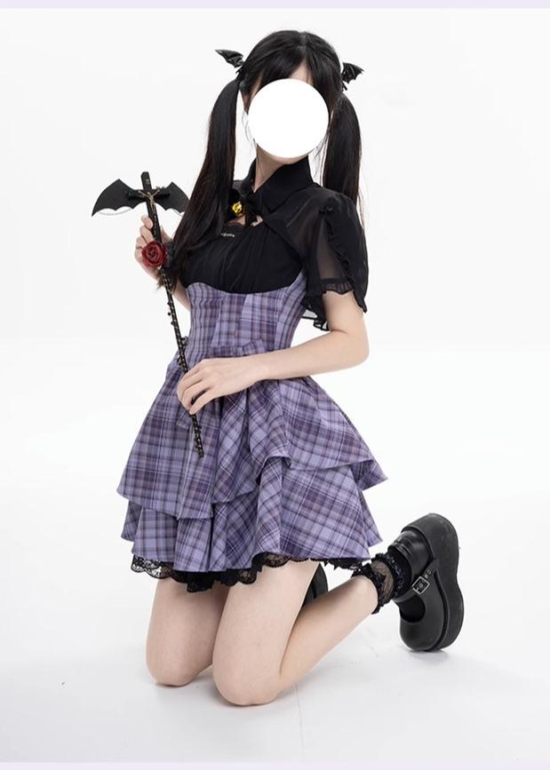 Gyaru Purple Plaid Dress With Lace Trim And Black Bolero 22508:323486