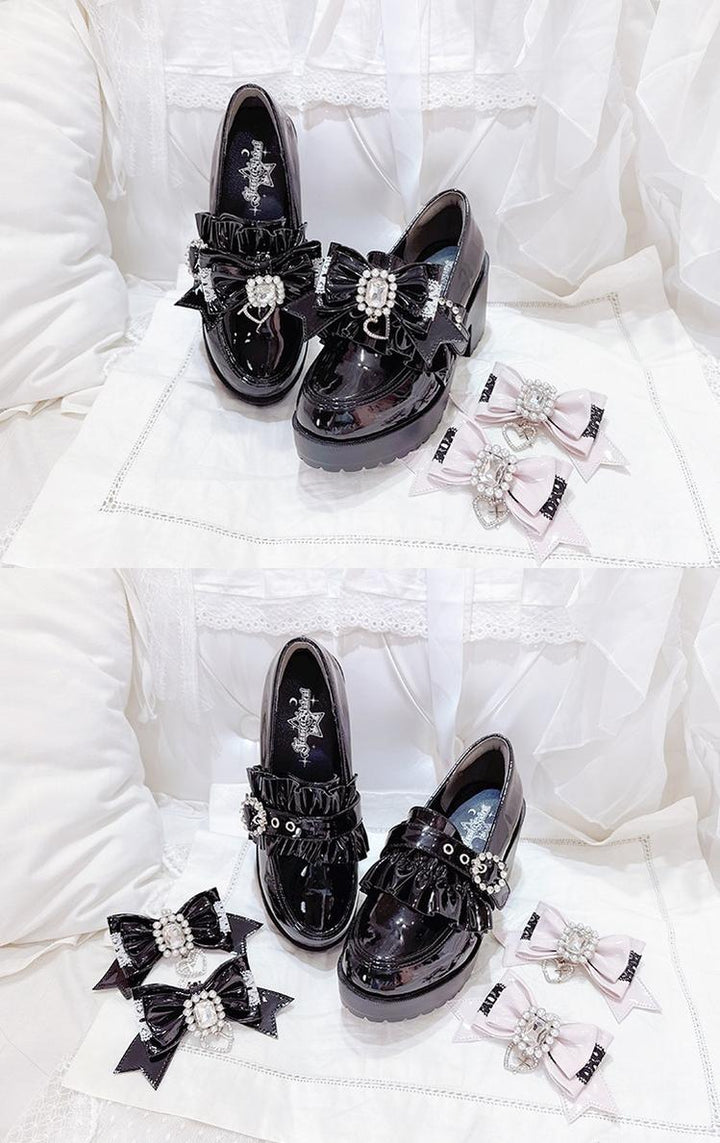 Jirai Kei Mid-Heel Loafer Shoes, Detachable Bow Clips 44005:792728