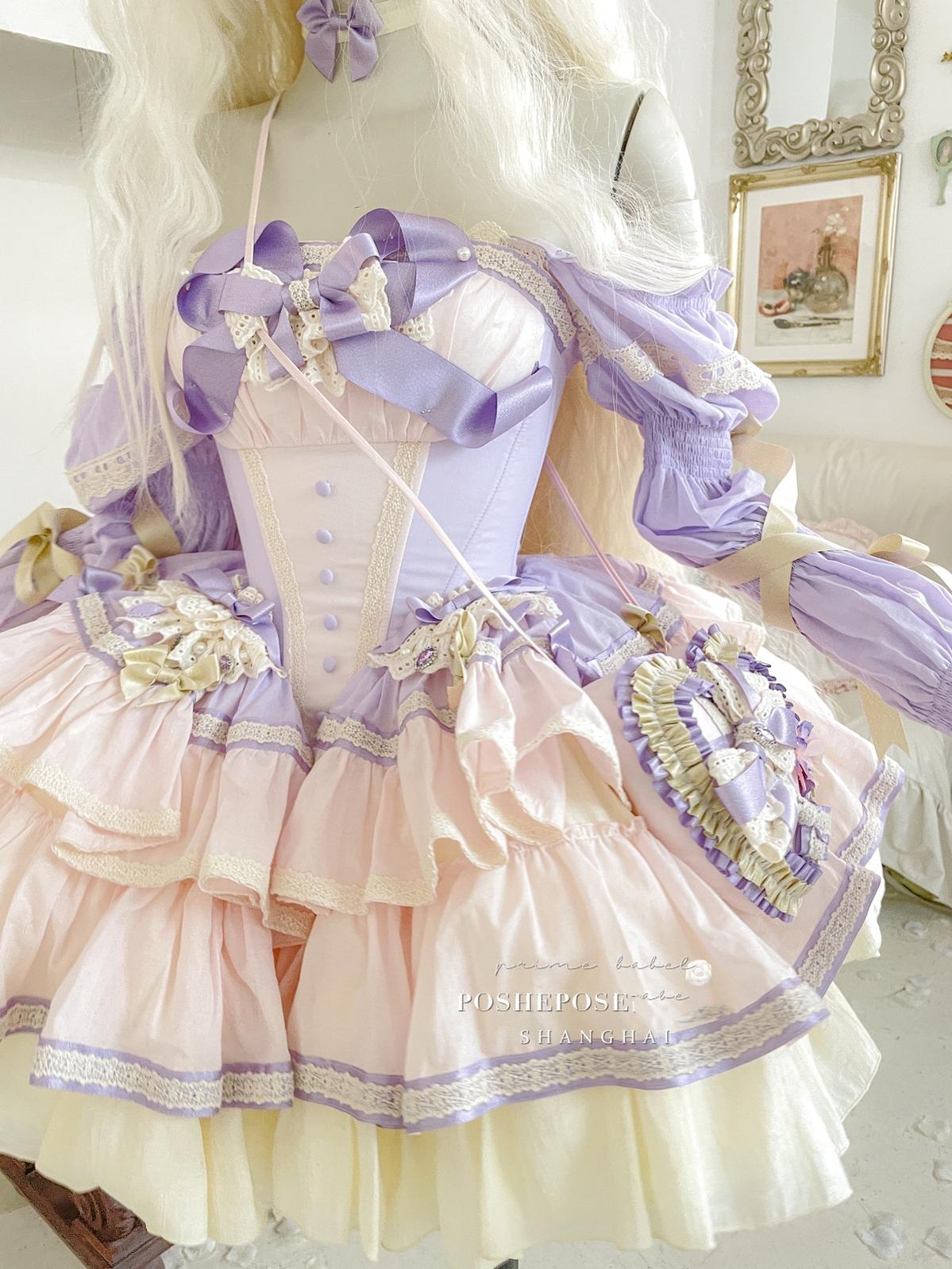 Lolita Dress Set Sweet Violet Pink Puffy Dress Corset Dress 36388:554782