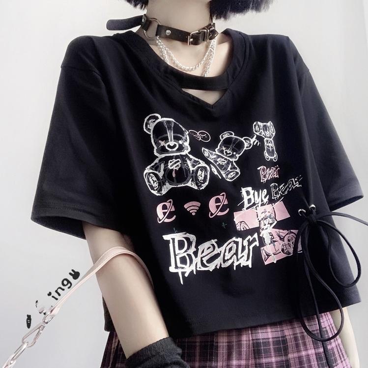 Jirai Kei T-shirt Bear Printed Short Sleeve Top For Summer 37570:563300