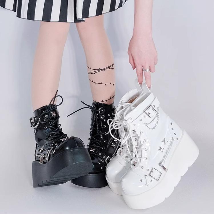 Punk Shoes Black White Platform Gyaru Fashion Combat Boots 29710:368906