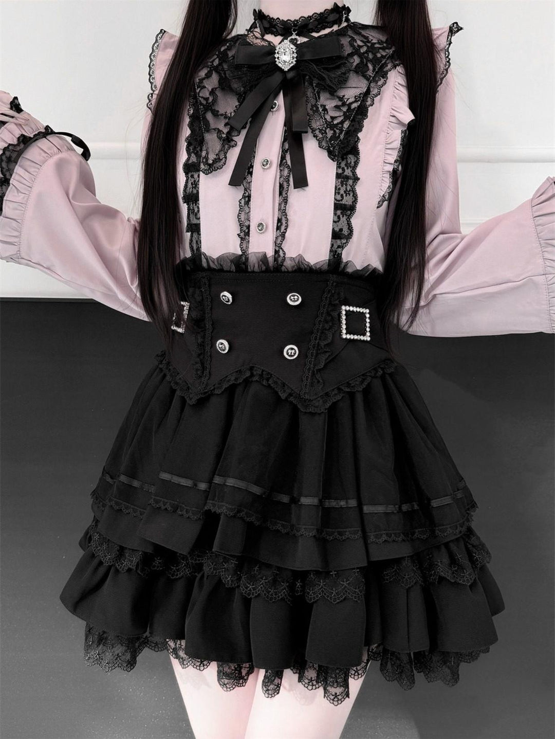 Jirai Kei Lace Blouse, High-Waist Tiered Skirt 44525:811449