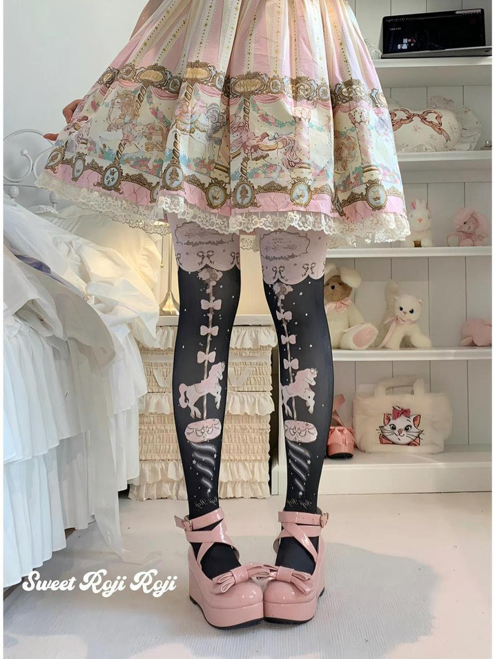 Sweet Lolita Tights Velvet Merry-go-round Printed Socks Multicolor (Black) 42366:738105