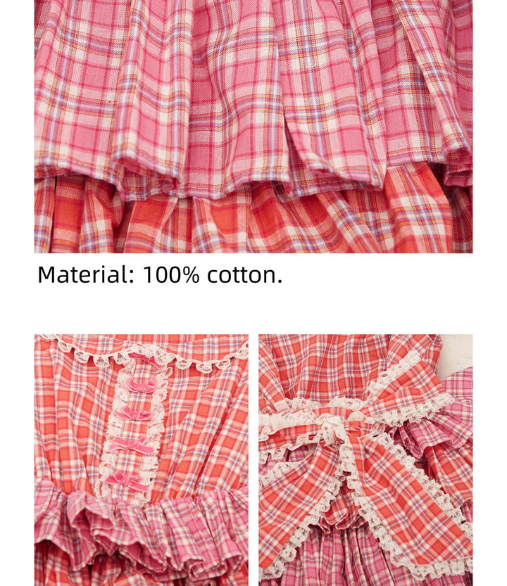 Sweet Lolita Dress Pink Plaid Dress Kawaii Layered Dress 36166:543478 36166:543478