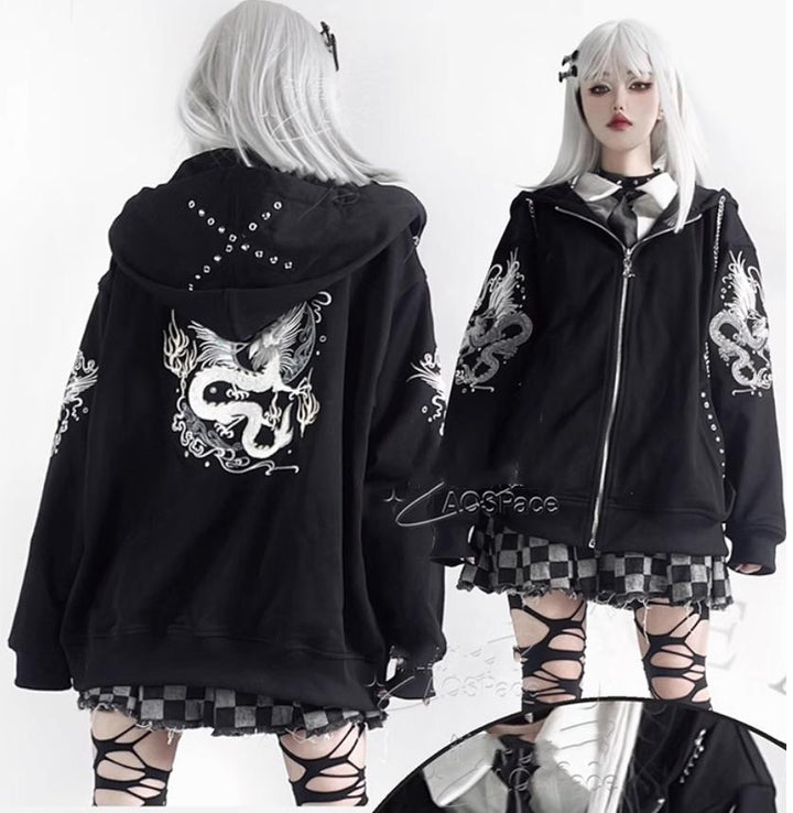 Subculture Black Coat Dragon Printed Hooded Jacket 38076:580612