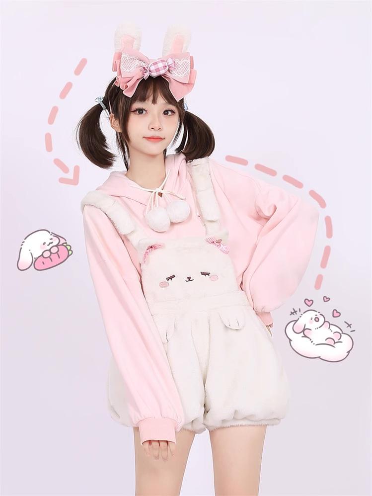 Kawaii Fashion Fluffy Bunny Bear Overalls Hoodie Bear Bag 22628:333538