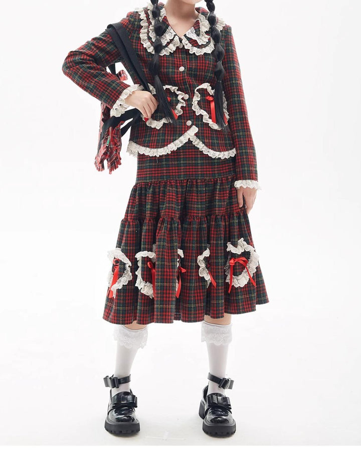 Retro Lolita Skirt Showa Christmas Winter Red Plaid Skirt 40316:662974