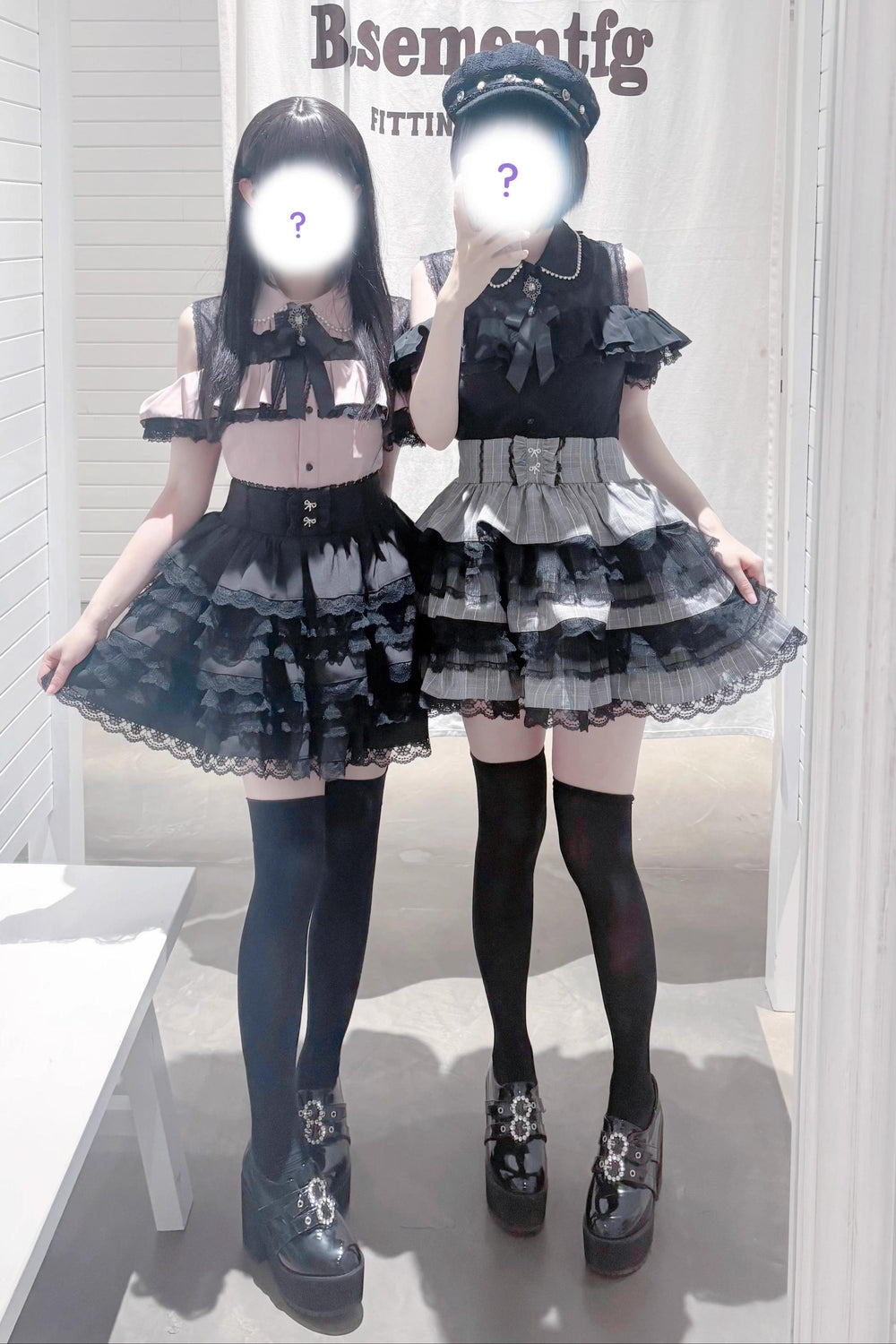 Jirai Kei Tiered Ruffles Skirt With Heart-Shaped Lace Trim (L M S) 43327:773614