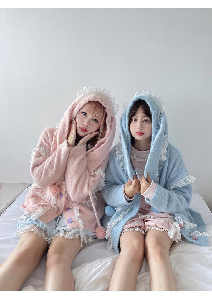 Kawaii Coat Sweater Bunny Ear Lace Knitted Hooded Cardigan 40338:665316