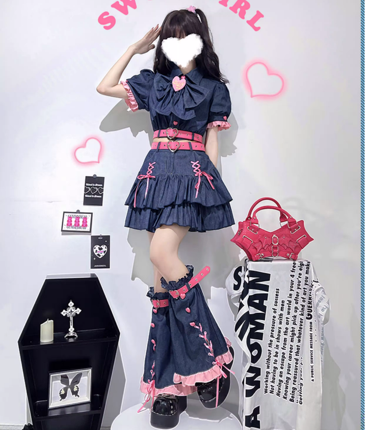 Y2K Denim Skirt Set Gyaru Fashion Blue Black Set 22778:350078