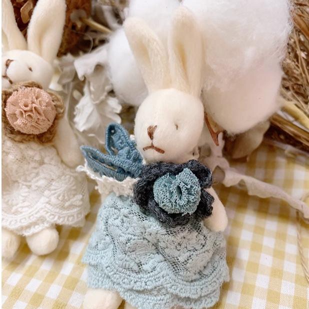 Mori Kei Vintage Beige Blue Lace Bunny Crochet Brooch 22588:325054