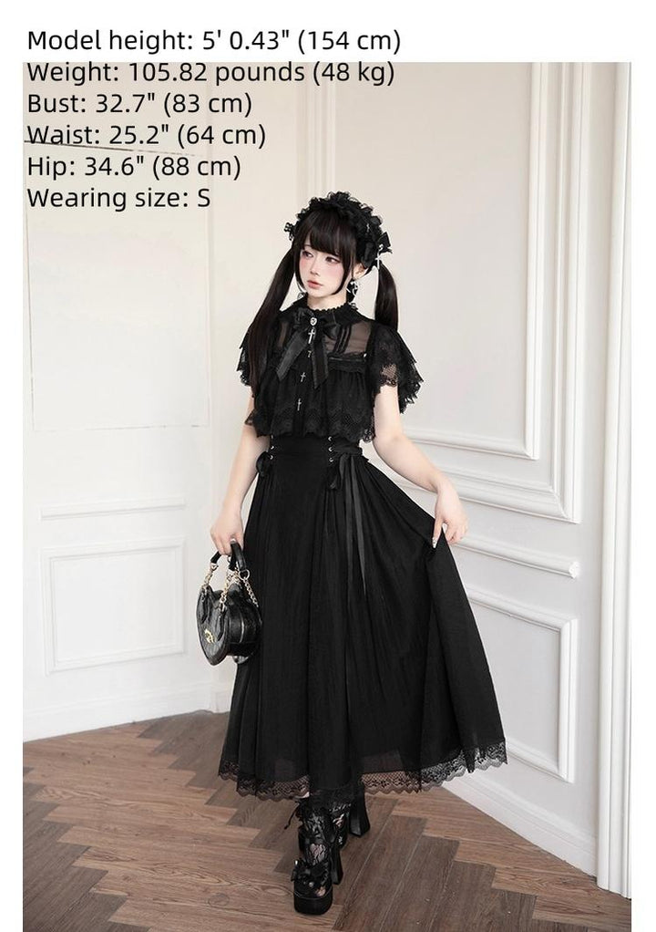 Black / White Jirai Kei Long Dress, Detachable Bow, Cross Detail 43510:778781