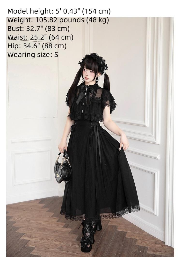 Black / White Jirai Kei Long Dress, Detachable Bow, Cross Detail S / Black Dress + Narrow-Ribbon Collar Bow Black / White Jirai Kei Long Dress, Detachable Bow, Cross Detail S / Black Dress + Narrow-Ribbon Collar Bow