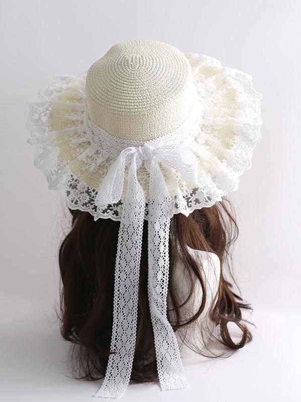 Mori Kei Sunhat Country Lolita Lace Frill Straw Hat With Ribbon Bow 42248:735443